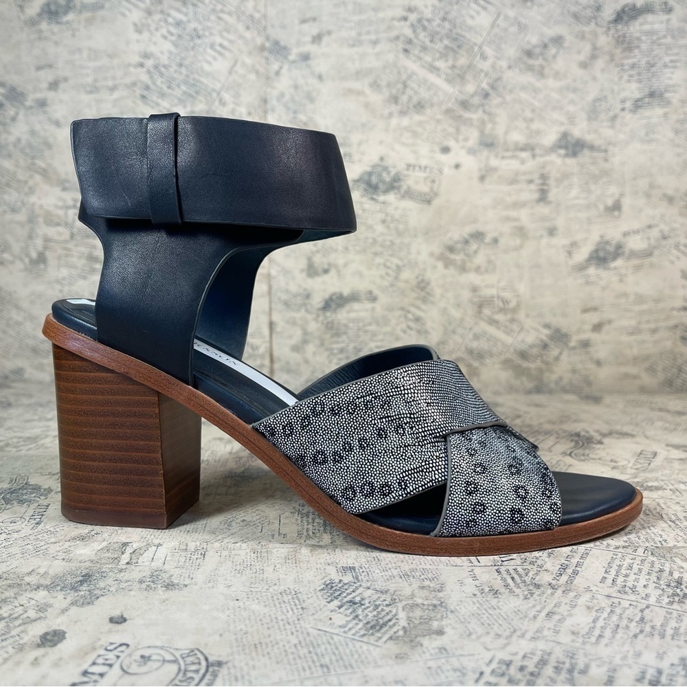Matt Bernson Blue Dia Leather Sandals Lizard Embossed Ankle Strap Heels